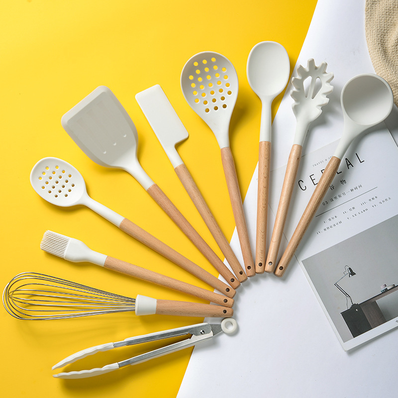 10-Piece Silicone Kitchen Utensil Set with Beechwood Handles - Image 3